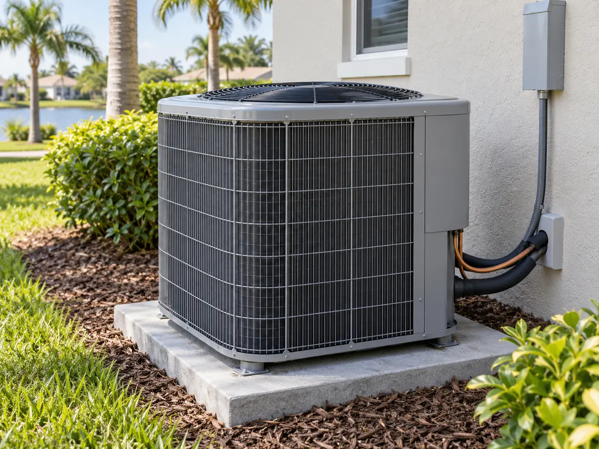 Outdoor air conditioning condenser beside a Florida home